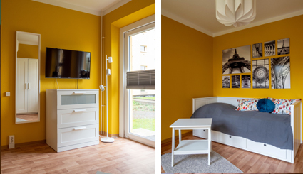 Räume Gästewohnung Bett und Kommode